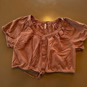 Free People Chocolate Brown Boho Cropped Button Up Blouse